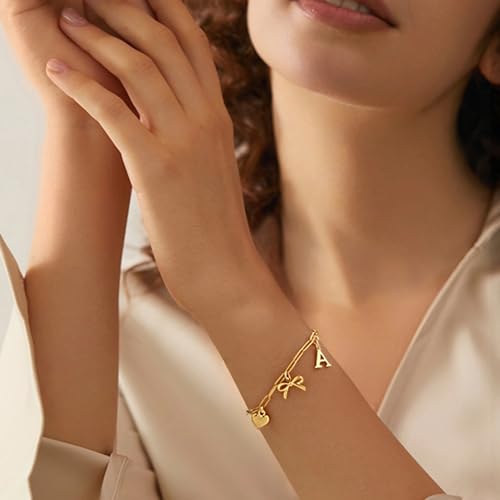 14K Gold Plated Bracelet for Women Simple Jewelry Initial A-Z Bracelet Dainty Chain Gifts for Women Birthday Unique Dainty Letter Charm Bracelet with Bow Anniversaries Gifts for Mother Her Jewelry Gift - style: A-Initial
