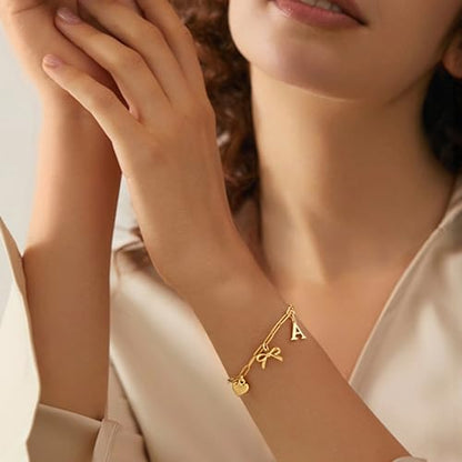 14K Gold Plated Bracelet for Women Simple Jewelry Initial A-Z Bracelet Dainty Chain Gifts for Women Birthday Unique Dainty Letter Charm Bracelet with Bow Anniversaries Gifts for Mother Her Jewelry Gift - style: A-Initial