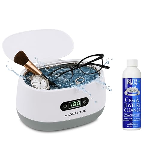 Magnasonic Ultrasonic Cleaner - 20oz Tank Ultrasonic Retainer Cleaner w/ 8oz Gem & Jewelry Cleaner Concentrate Solution, Digital Timer, 5 Cleaning Modes for Glasses, Rings, Dentures, Tools, Aligners - color: White, size: Ultrasonic Machine and Cleaning So