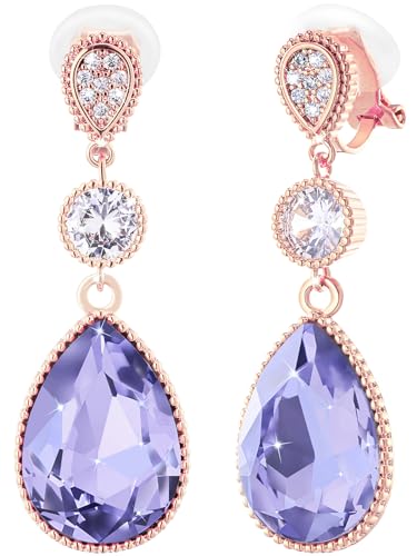 Clip On 18 * 13MM Big Crystal Dangle Non Pierced Earrings for Women 14K Gold Plated Jewelry - color: Jun-Lavender-Rose Gold Plated
