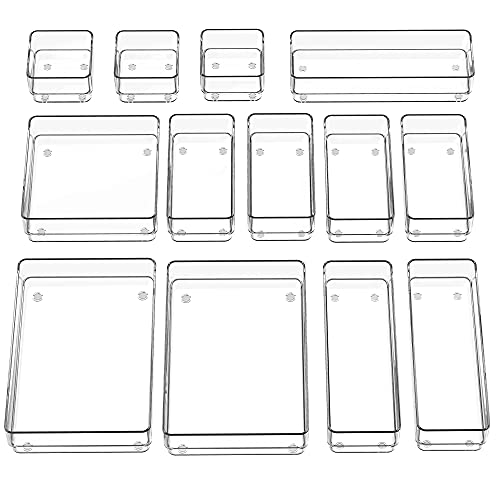 SMARTAKE 13 PCS Drawer Organizer 5-Size Desk Makeup Drawer Organizer Clear | Storage Trays for Makeup with Non Slip Silicone Pads, Jewelries, Utensils in Bedroom Dresser, Office, Kitchen and Bathroom - style: 13 PCS