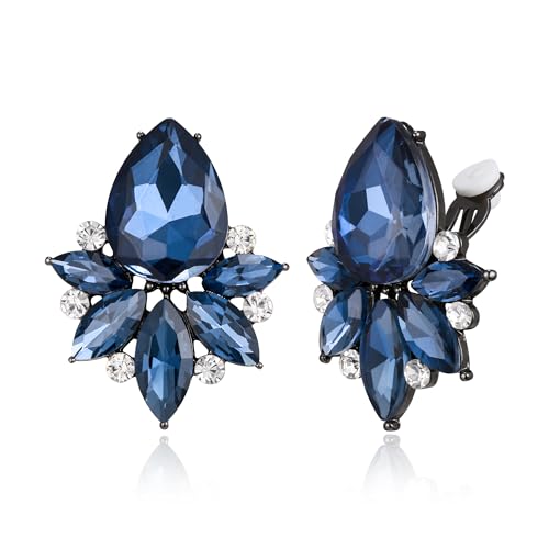 Flyonce Vintage Rhinestone Clip On Stud Earrings, Non-Piercing | Fancy Crystal Cluster, Teardrop Art Deco, Non Pierced, For Wedding Bridal Brides, Formal, Hypoallergenic - color: Navy Blue Black-Tone