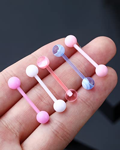 5PCS Tongue Barbells 14G Acrylic tongue piercing jewelry Candy Color tounge bars tongue piercing jewelry tongue rings for women - color: Pink
