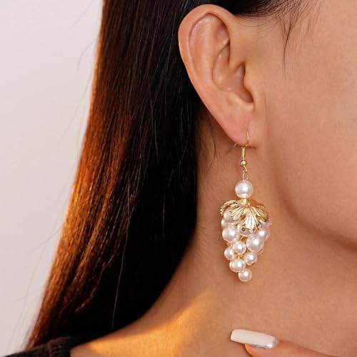 Baroque Faux Pearl Cluster Dangle Earrings for Women,Chunky Pearls Grape Dainty Gold Leaf Drop Statement Earrings Trendy Jewelry Gifts