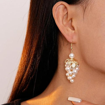 Baroque Faux Pearl Cluster Dangle Earrings for Women,Chunky Pearls Grape Dainty Gold Leaf Drop Statement Earrings Trendy Jewelry Gifts