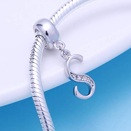 925 Sterling Silver Charms Alphabet Beads fit Pandora Charm Bracelets A-Z Letter Initial Spacer Dangle Clear CZ Stone Authentic for Snake Chain Bracelets - color: S