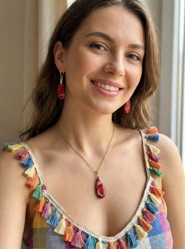 Natural Healing Teardrop Stone Leverback Dangle Drop Earrings Statement Gold earrings - color: Red -Gold