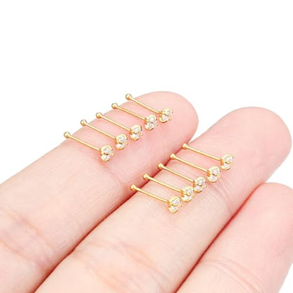 Hoeudjo Nose Studs Surgical Steel Cubic Zirconia Nose Rings Kit for Women Men Tiny Nose Stud Bone & Screw & L Shaped Nostril Piercing Jewelry 24/22/20/18 Gauge 10 Pieces - color: gold-tone,nose bone studs, size: 24g/2mm clear CZ