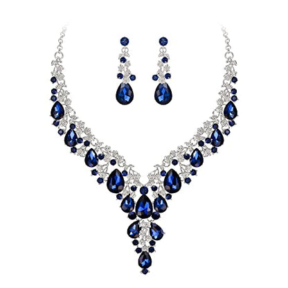 BriLove Women's Wedding Bridal Austrian Crystal Teardrop Flower Cluster Statement Necklace Dangle Earrings Jewelry Set for Party Prom - color: 2Pcs-Sapphire Color Silver-Tone