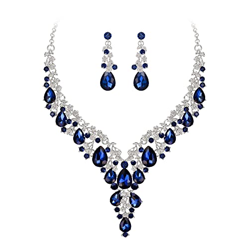 BriLove Women's Wedding Bridal Austrian Crystal Teardrop Flower Cluster Statement Necklace Dangle Earrings Jewelry Set for Party Prom - color: 2Pcs-Sapphire Color Silver-Tone