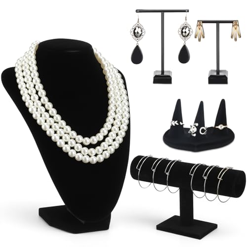 Novabright 5 Pcs Velvet Jewelry Display Set Necklace Bust Holder T Bar Bracelet Earring Holder Ring Finger Jewelry Display Stand
