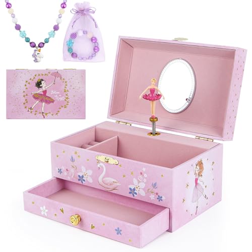 Music Jewellery Box with Drawer Necklace Bracelet, Musical Jewelry Storage Case with Spinning Ballerina Gift Set for Kids Girls Children Daughter (Pink Ballerina) - color: Pink Ballerina