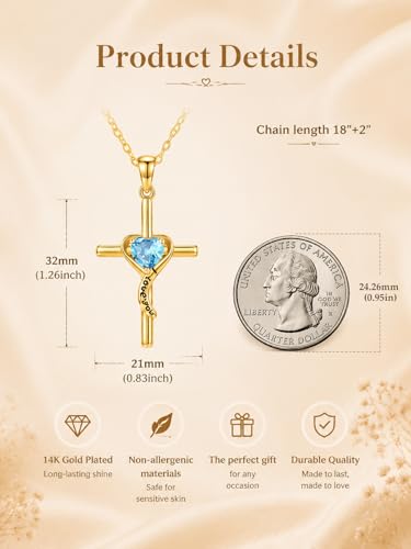 14K Gold Cross Necklace for Women Dainty Birthstone Pendant | Heart I Love You Romantic Jewelry Anniversary Christian Religious Baptism Birthday Gifts with 18"+2" Adjustable Chain - color: 14K Gold-03-Mar Birthstone