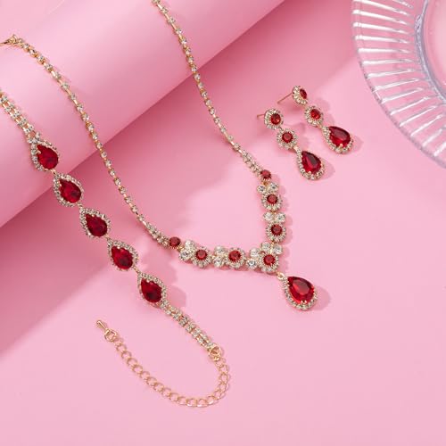 Paxuan Silver/Gold Rhinestone Crystal Wedding Bridal Bridesmaids Earrings Bracelet Set for Women Brides Bridesmaids Crystal Rhinestone Bracelet Earrings Set for Wedding Bridal Prom Pageant - color: Red