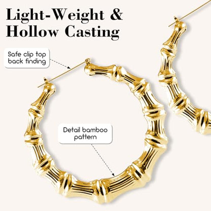 Large Gold Bamboo Hoop Earrings for Women,BigGold Hoop Earrings | 90s 80s Retro Hip Hop Statement Jewelry,90s Accessories Lightweight Thick Gold Hoops for Party/90s Outfit & Daily Wear