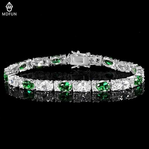 MDFUN 18K White/Yellow Gold Plated Green/Blue 5 * 7MM Oval 5A+ Cubic Zirconia Tennis Bracelet for Women Birthstone Jewelry Gift 6.5-8.5 inch - color: 18K White Gold -Green
