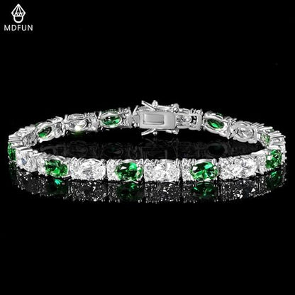 MDFUN 18K White/Yellow Gold Plated Green/Blue 5 * 7MM Oval 5A+ Cubic Zirconia Tennis Bracelet for Women Birthstone Jewelry Gift 6.5-8.5 inch - color: 18K White Gold -Green