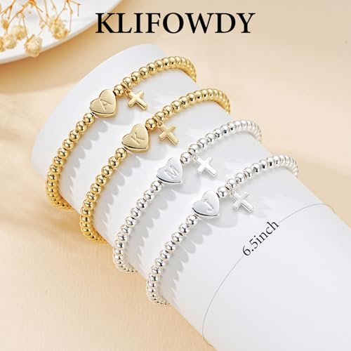 Initial Cross Gold Bracelets for Women Christian Beads Jewelry for Girls | 14K Gold Plated Letter Bracelet, Stretch Elastic Baptism Religion Christian Gifts for Women Teen - color: Silver-A