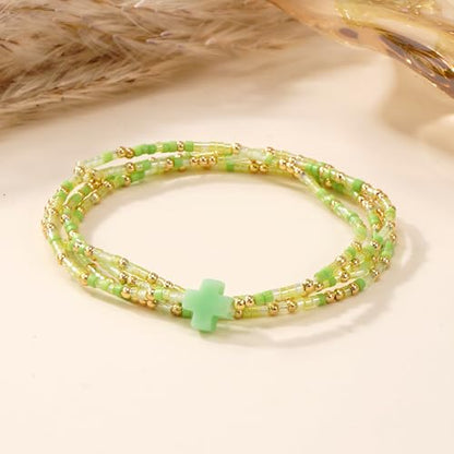 Christian Cross Christmas Stackable Seed Beaded Bracelets for Women, Boho Colorful Healing Stretch Accessories God Christ Pray Faith Amulet Jewelry, Daily Party Holiday Friendship Gift - color: Green