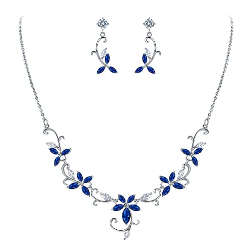 Crysdue Flower Leaf Wedding Jewelry Set for Bridal Bridemaid, Cubic Zirconia Teardrop Elegant Silver/14K/Rose Gold Plated Vine Necklace Dangle Earrings for Prom Party - style: A_Blue