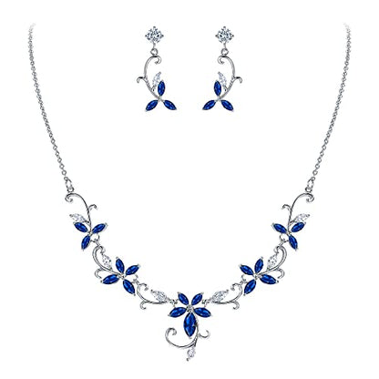 Crysdue Flower Leaf Wedding Jewelry Set for Bridal Bridemaid, Cubic Zirconia Teardrop Elegant Silver/14K/Rose Gold Plated Vine Necklace Dangle Earrings for Prom Party - style: A_Blue