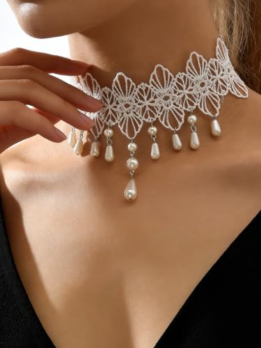 Lace Choker Necklace for Women Tassel Pendant Choker Necklaces Elegant Boho Collar Necklaces Statement Artistic Chain Necklace with Pearl Halloween Party Cosplay Costume Jewelry - color: White Lace Pearl-2
