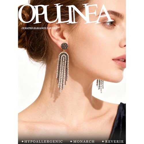 Fringe Dangling Tassel Earrings for Women, Handcrafted Chandelier Long Bohemian Beaded Cubic Zirconia Crystal Imitation Pearls Inlay Statement Boho Chain Hook Earrings for Wedding Party - color: White Black Fringe