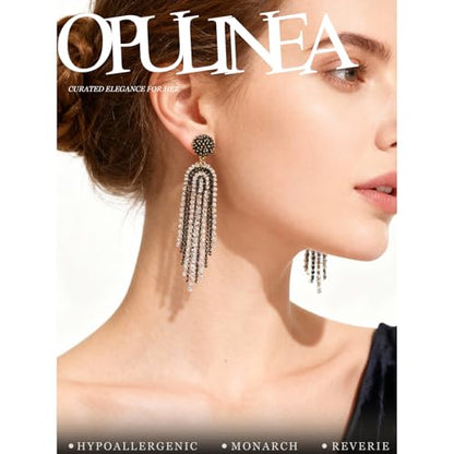 Fringe Dangling Tassel Earrings for Women, Handcrafted Chandelier Long Bohemian Beaded Cubic Zirconia Crystal Imitation Pearls Inlay Statement Boho Chain Hook Earrings for Wedding Party - color: White Black Fringe
