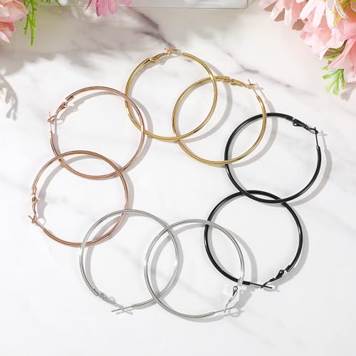 4Pcs Stainless Steel Hoop Earrings, Large Circle Silver Hoop Cartilage Gold Silver Rose gold Black Oversize Earrings for Women - size: 50mm
