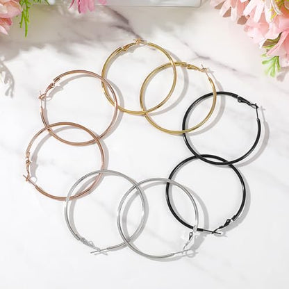 4Pcs Stainless Steel Hoop Earrings, Large Circle Silver Hoop Cartilage Gold Silver Rose gold Black Oversize Earrings for Women - size: 50mm