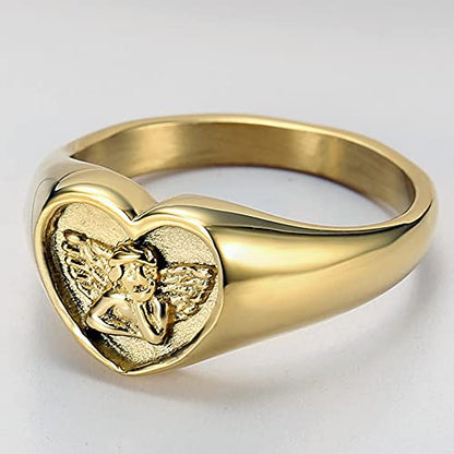 Jude Jewelers Stainless Steel Heart Shaped Signet Style Angel Pattern Statement Promise Wedding Ring - color: Gold