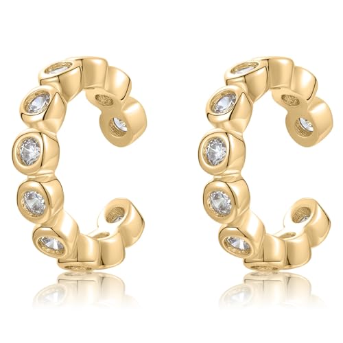 Round Huggie Ear Cuff Gold Earrings for Women | 18K Gold Plated Cubic Zirconia Sparkling | Clip On Cartilage| Simulated Diamond Bezel-Set CZ Huggie Hoop Earrings - color: Cuffs - Yellow Gold
