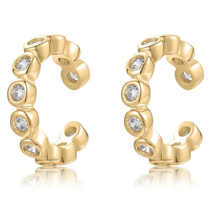 Round Huggie Ear Cuff Gold Earrings for Women | 18K Gold Plated Cubic Zirconia Sparkling | Clip On Cartilage| Simulated Diamond Bezel-Set CZ Huggie Hoop Earrings - color: Cuffs - Yellow Gold