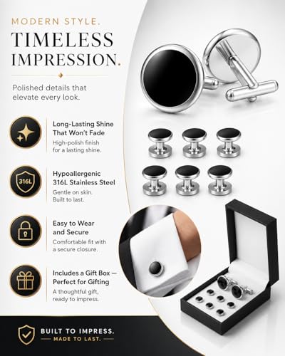 Men's Cufflinks & Tuxedo Studs Set - 316L Stainless Steel Formal Wedding Jewelry, Groomsmen Gift Set with Gift Box - color: 8pcs Silver