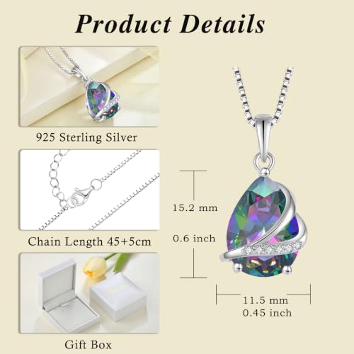 Birthstone Pendant Necklace 925 Sterling Silver Teardrop Jewelry for Women - color: Multi Iridescent