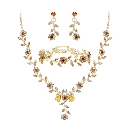 Women's Wedding Jewelry Set for Bride,Prom Bridal Accessories | Bling Crystal,Flower Leaf Cluster,Dangle Earrings Pendant Necklace Set,for Bridesmaid,Party Jewellery - color: 3Pcs-Champagne Gold-Plated-Base