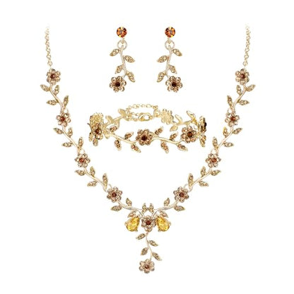 Women's Wedding Jewelry Set for Bride,Prom Bridal Accessories | Bling Crystal,Flower Leaf Cluster,Dangle Earrings Pendant Necklace Set,for Bridesmaid,Party Jewellery - color: 3Pcs-Champagne Gold-Plated-Base