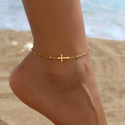 Ankle Bracelets for Women, 18K Gold Plated Dainty Waterproof Cross Anklets, Pearl Beaded Link Chain Anklet for Women Non Tarnish, Summer Beach Foot Jewelry, Christmas Gifts - color: Colorful Beads Cross-Gold