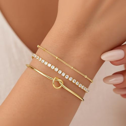 Turandoss Gold Bracelets for Women - Dainty 14K Gold Plated Tennis Bracelet | Stackable Cross Beaded Set, Twisted Rope Chain, Snake Paperclip Chain, Knot Cuff Bracelets for Women, Jewelry Gifts - color: Knot Tennis Set