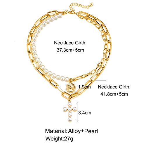 CSIYANJRY99 Layered Gold Necklaces for Women Chunky Gold Necklace Stack Layered Cuban Paperclip Snake Chain Necklace Retro Coin Dainty Pendant Toggle Clasp Necklace - style: Pearl Cross
