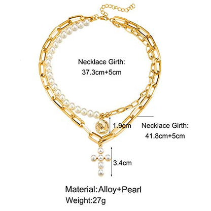 CSIYANJRY99 Layered Gold Necklaces for Women Chunky Gold Necklace Stack Layered Cuban Paperclip Snake Chain Necklace Retro Coin Dainty Pendant Toggle Clasp Necklace - style: Pearl Cross