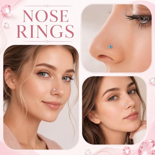 20G Colorful Rhinestone Steel Screw Nose Rings Studs Bar Pin Piercing Jewelry - color: Four colors - 16PC