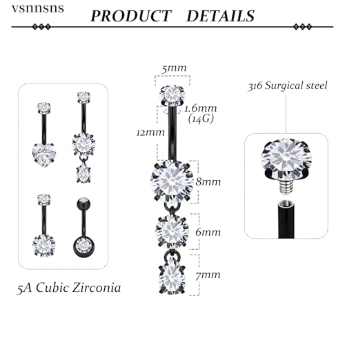 Vsnnsns 14G Dangle Belly Button Ring Piercing Jewelry 316L Stainless Surgical Steel Round Heart Cubic Zirconia Navel Rings Dangling Belly Button Ring Piercing Jewelry for Women 14 Gauge Hypoallergenic - color: Black-12MM Bar-Clear CZ