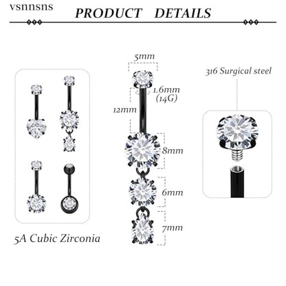 Vsnnsns 14G Dangle Belly Button Ring Piercing Jewelry 316L Stainless Surgical Steel Round Heart Cubic Zirconia Navel Rings Dangling Belly Button Ring Piercing Jewelry for Women 14 Gauge Hypoallergenic - color: Black-12MM Bar-Clear CZ
