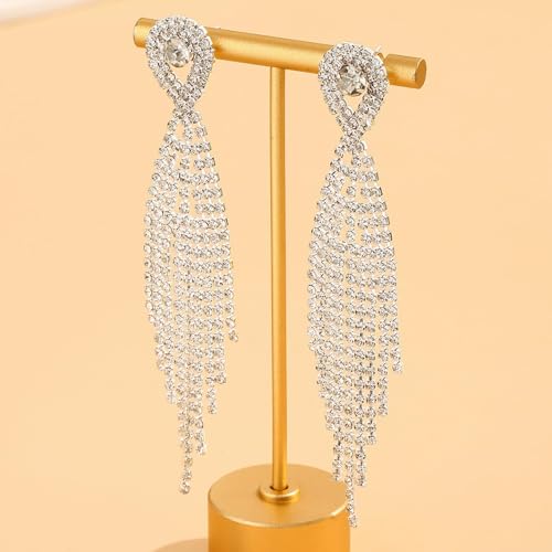 Rhinestone Earrings Prom Earrings for Women Sparkly Long Tassel Chandelier Drop Statement Earring Jewerly Gifts Wedding Party Prom Dresses Accessories - color: A1: silver prom earrings
