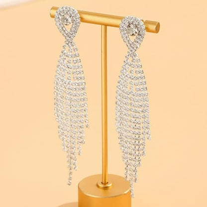Rhinestone Earrings Prom Earrings for Women Sparkly Long Tassel Chandelier Drop Statement Earring Jewerly Gifts Wedding Party Prom Dresses Accessories - color: A1: silver prom earrings