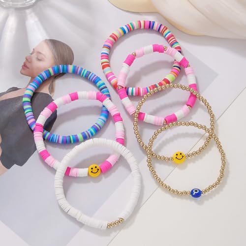 Friendship Bracelets for Women - Heishi Surfer Colorful Smile Evil Eye Clay Beaded Stretch Bracelets Elastic Layering - Stackable Boho Disc Y2K Aesthetic Summer Jewelry Set. - color: A-Evil Eye-7pc
