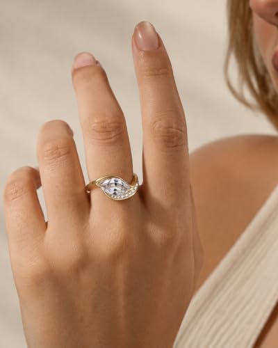 JSJOY Promise Rings for Her, Wavy Marquise Cut Engagement Ring 14K Gold Anniversary Rings with 5A CZ Dainty Solitaire Wedding Jewelry Tarnish Resistant Fashion Rings Gift for Her Sizes 5-10