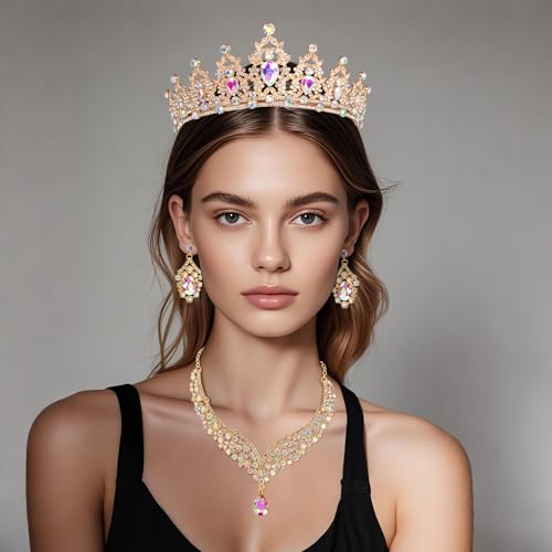 Crowns and Tiaras jewelry sets for Wedding princess birthday party Halloween Prom Pageant Jewelry for Women Crystal Bridal Jewelry Set for women - color: Gold AB