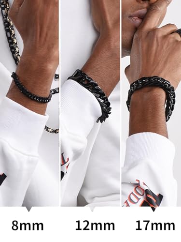 ChainsHouse Stainless Steel Cuban Link Bracelet, 6mm/8mm/12mm/17mm Width, 7.5"/8.3"/9", Black/ 18K Gold Plated Chain Wrist Bracelets for Men Women, Send Gift Box - color: T: Black-12mm width-custom